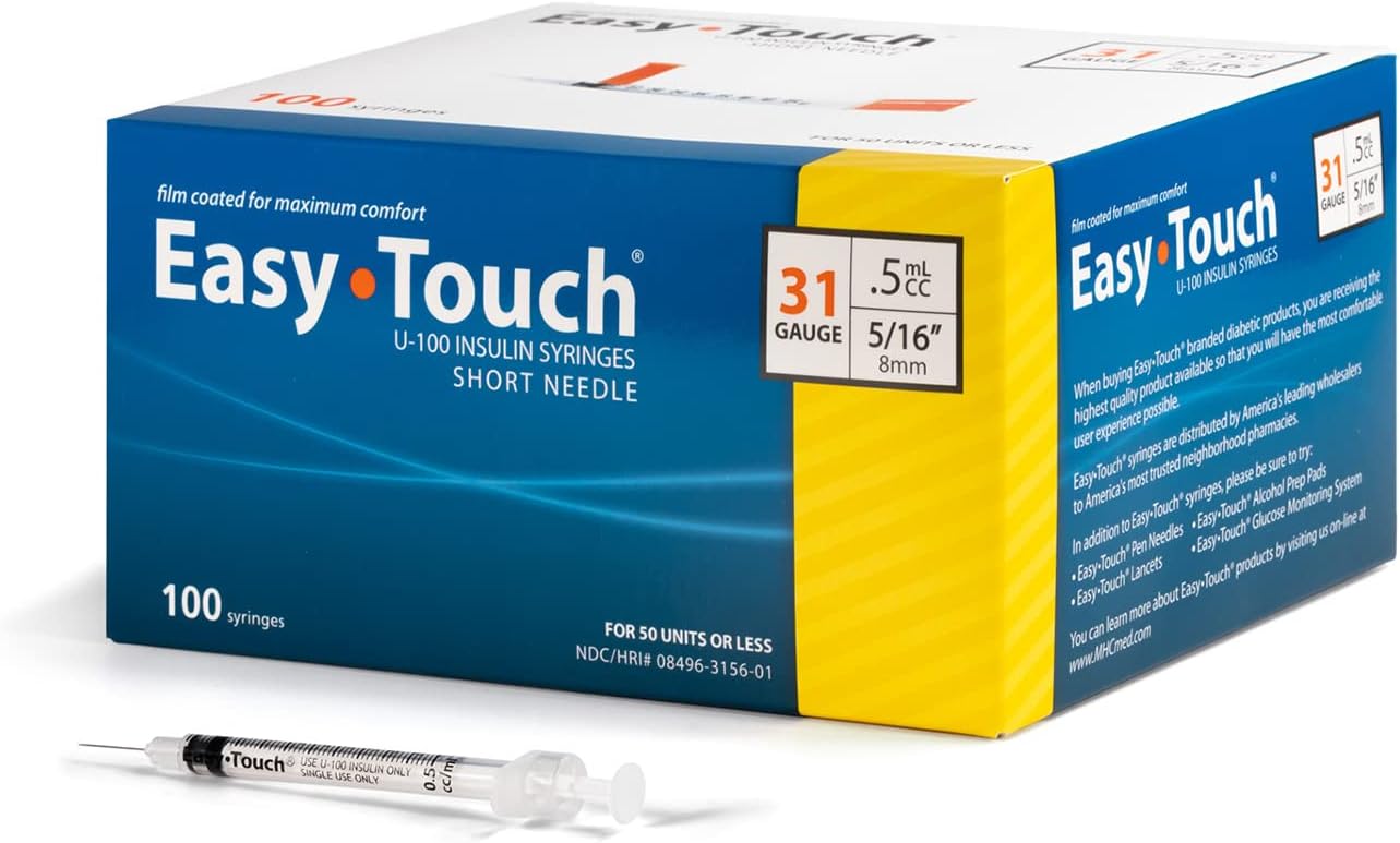 EasyTouch U-100 Insulin Syringe with Needle, 31G 0.5cc 5/16-Inch (8mm), Box of 100 ( FREE SHIPPING)