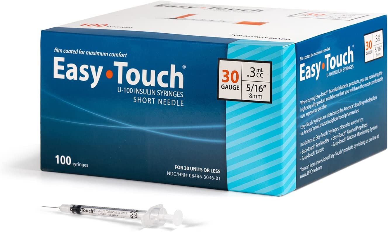 EasyTouch U-100 Insulin Syringe with Needle, 30G 0.3cc 5/16-Inch (8mm), Box of 100 ( FREE SHIPPING)