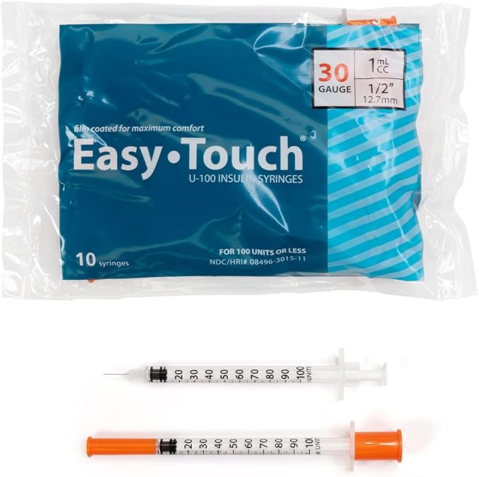 Easy Touch U-100 Insulin Syringe with Needle, 30G 1cc 1/2-Inch (12.7mm), Box of 100 ( FREE SHIPPING )