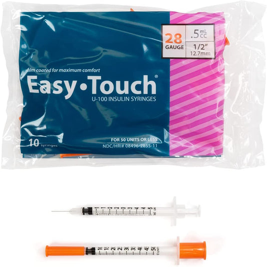EasyTouch U-100 Insulin Syringe with Needle, 28G 0.5cc 1/2-Inch (12.7mm), Box of 100 ( FREE SHIPPING)
