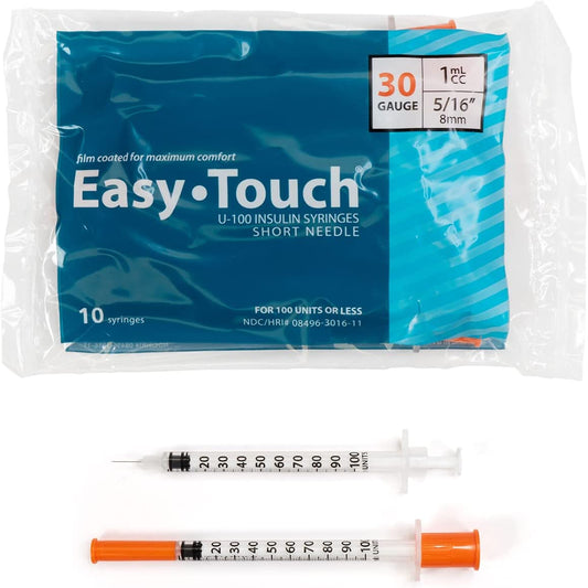 EASYTOUCH U-100 INSULIN SYRINGES, 30G, 1CC, 5/16″ (8MM), ( FREE SHIPPING)