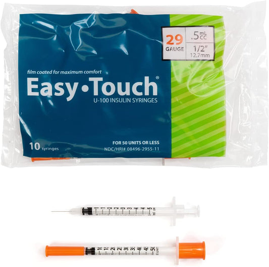 EasyTouch U-100 Insulin Syringe with Needle, 29G 0.5cc 1/2-Inch (12.7mm), Box of 100 ( FREE SHIPPING)