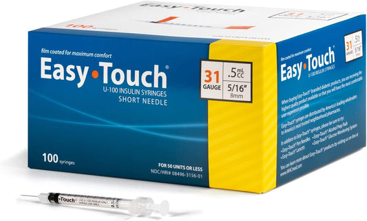 EasyTouch U-100 Insulin Syringe with Needle, 31G 0.5cc 5/16-Inch (8mm), Box of 100 ( FREE SHIPPING)