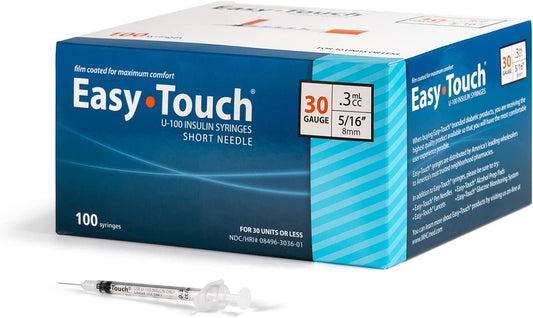 EasyTouch U-100 Insulin Syringe with Needle, 30G 0.3cc 5/16-Inch (8mm), Box of 100 ( FREE SHIPPING)