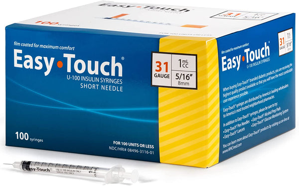 EASYTOUCH U-100 INSULIN SYRINGES, 31G, 1CC, 5/16″ (8MM), YELLOW (BOX OF 100 TOTAL) ( FREE SHIPPING)