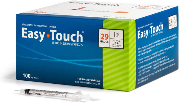 EasyTouch U-100 Insulin Syringe with Needle, 29G 1cc 1/2-Inch (12.7mm), Box of 100 ( FREE SHIPPING)
