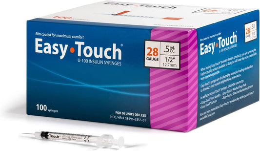 EasyTouch U-100 Insulin Syringe with Needle, 28G 0.5cc 1/2-Inch (12.7mm), Box of 100 ( FREE SHIPPING)
