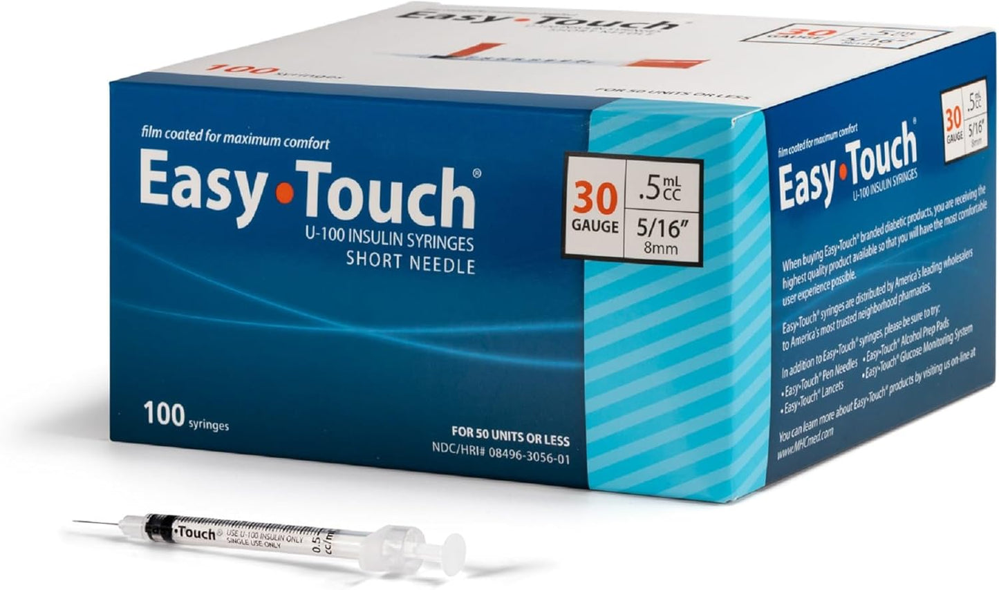 Easy Touch U-100 Insulin Syringe with Needle, 30G .5cc 5/16-Inch (8mm), Box of 100 ( FREE SHIPPING )
