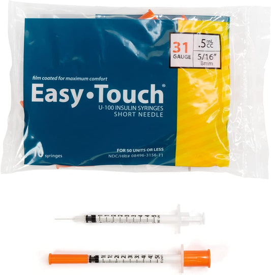 EasyTouch U-100 Insulin Syringe with Needle, 31G 0.5cc 5/16-Inch (8mm), Box of 100 ( FREE SHIPPING)