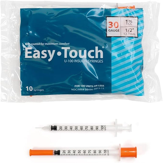 Easy Touch U-100 Insulin Syringe with Needle, 30G 1cc 1/2-Inch (12.7mm), Box of 100 ( FREE SHIPPING )