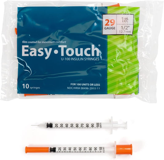 EasyTouch U-100 Insulin Syringe with Needle, 29G 1cc 1/2-Inch (12.7mm), Box of 100 ( FREE SHIPPING)