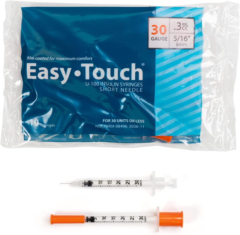 EasyTouch U-100 Insulin Syringe with Needle, 30G 0.3cc 5/16-Inch (8mm), Box of 100 ( FREE SHIPPING)