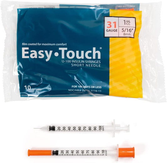 EASYTOUCH U-100 INSULIN SYRINGES, 31G, 1CC, 5/16″ (8MM), YELLOW (BOX OF 100 TOTAL) ( FREE SHIPPING)