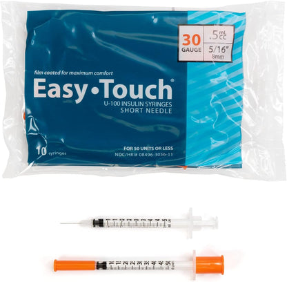 Easy Touch U-100 Insulin Syringe with Needle, 30G .5cc 5/16-Inch (8mm), Box of 100 ( FREE SHIPPING )