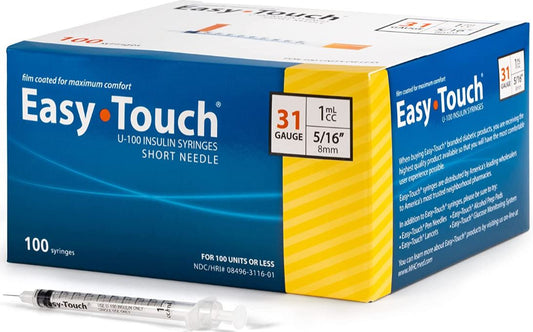 Easy touch 31G, 1CC, 5/16″ (8MM), YELLOW (BOX OF 100 TOTAL) ( FREE SHIPPING)