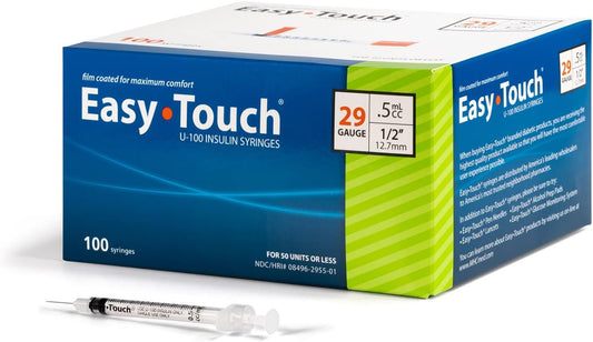 EasyTouch U-100 Insulin Syringe with Needle, 29G 0.5cc 1/2-Inch (12.7mm), Box of 100 ( FREE SHIPPING)