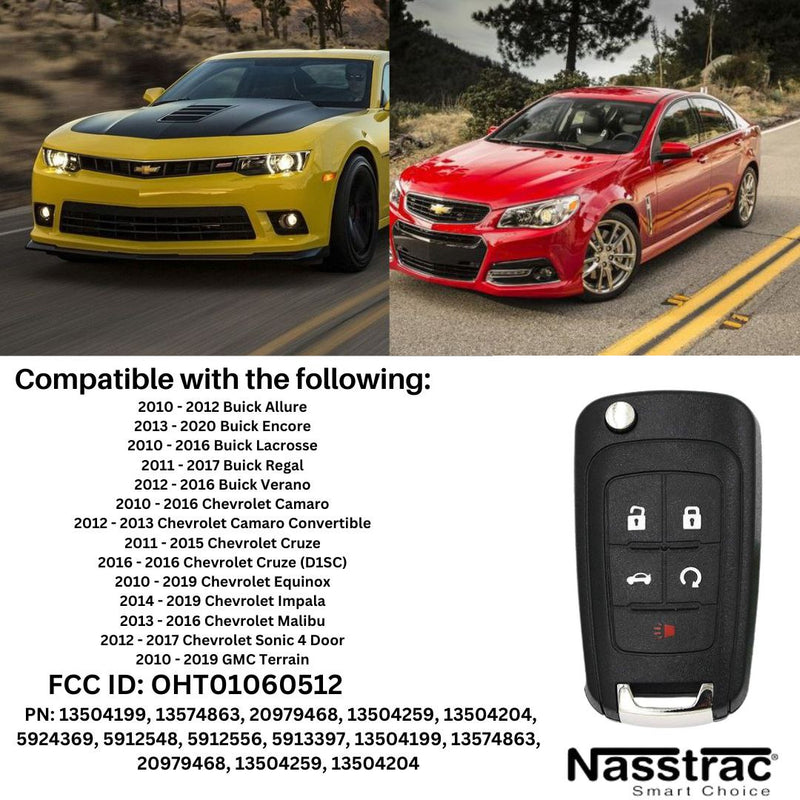 Nasstrac Remote Flip Key Fob 2010-2020 GM 5 Button, Replacement for Impala, Malibu, Cruze, Equinox, and Other Vehicles